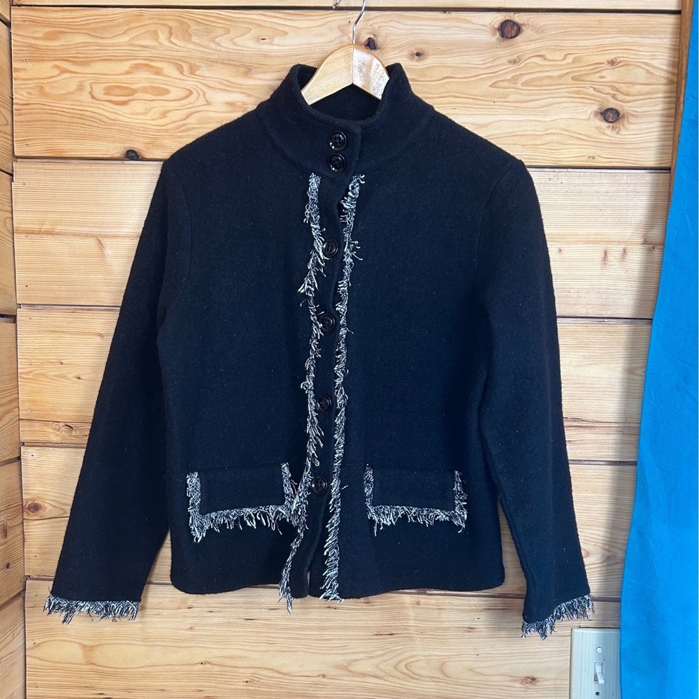 Karl Lagerfeld Paris Black Wool Blend Fringe Trim Mock Neck Jacket Large